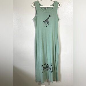 Action Gear USA Knit Cotton Maxi Dress Sleeveless Green Giraffe Safari Medium